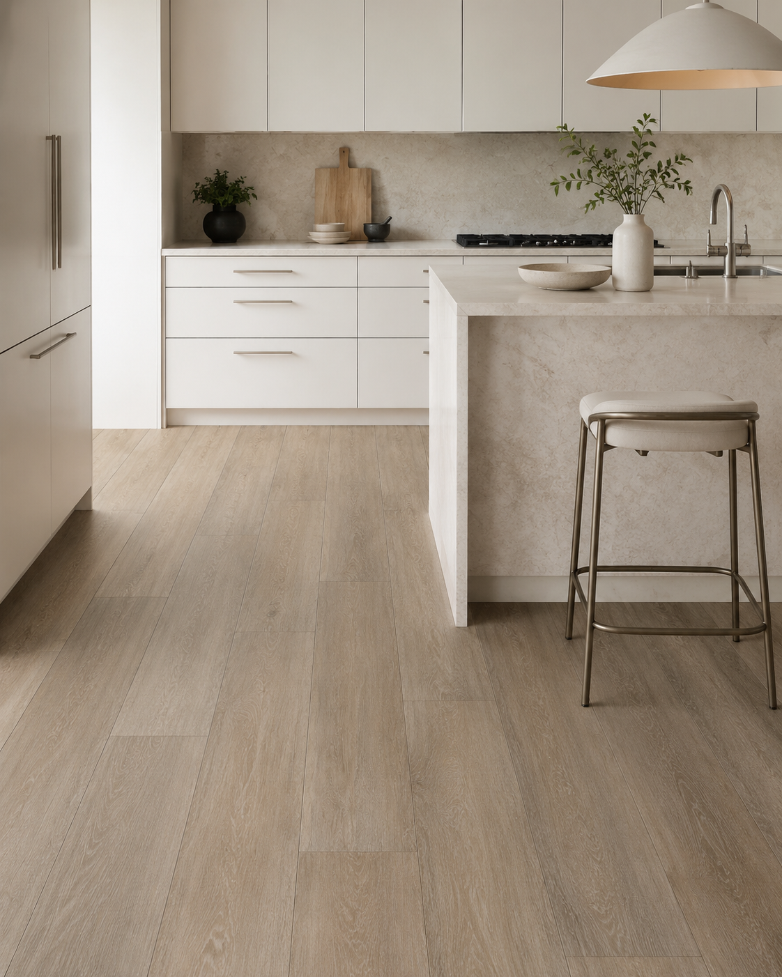 Alpine Mist 7 mm SPC flooring in a bright modern neutral kitchen