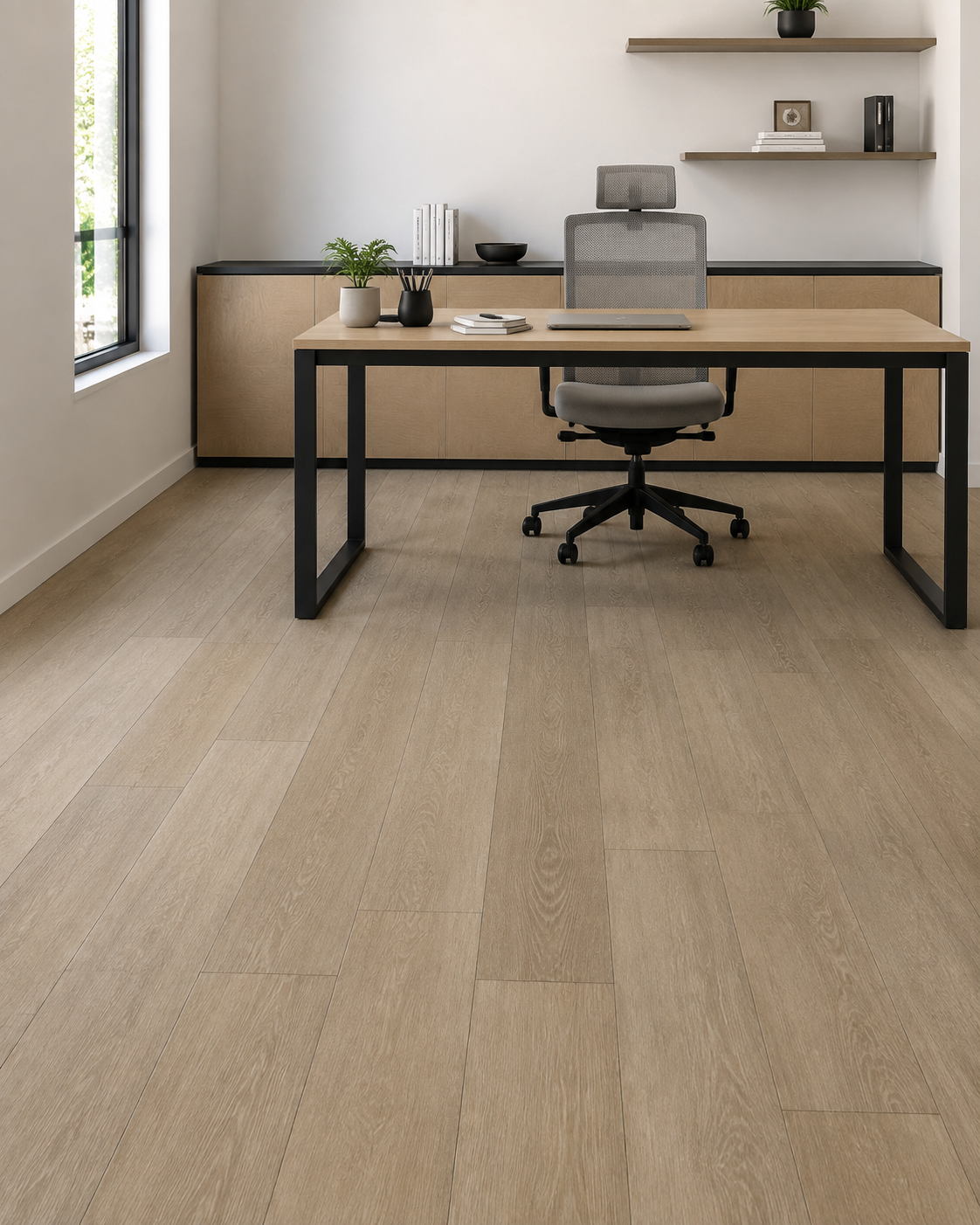 Alpine Mist wide-plank SPC flooring in a refined private office