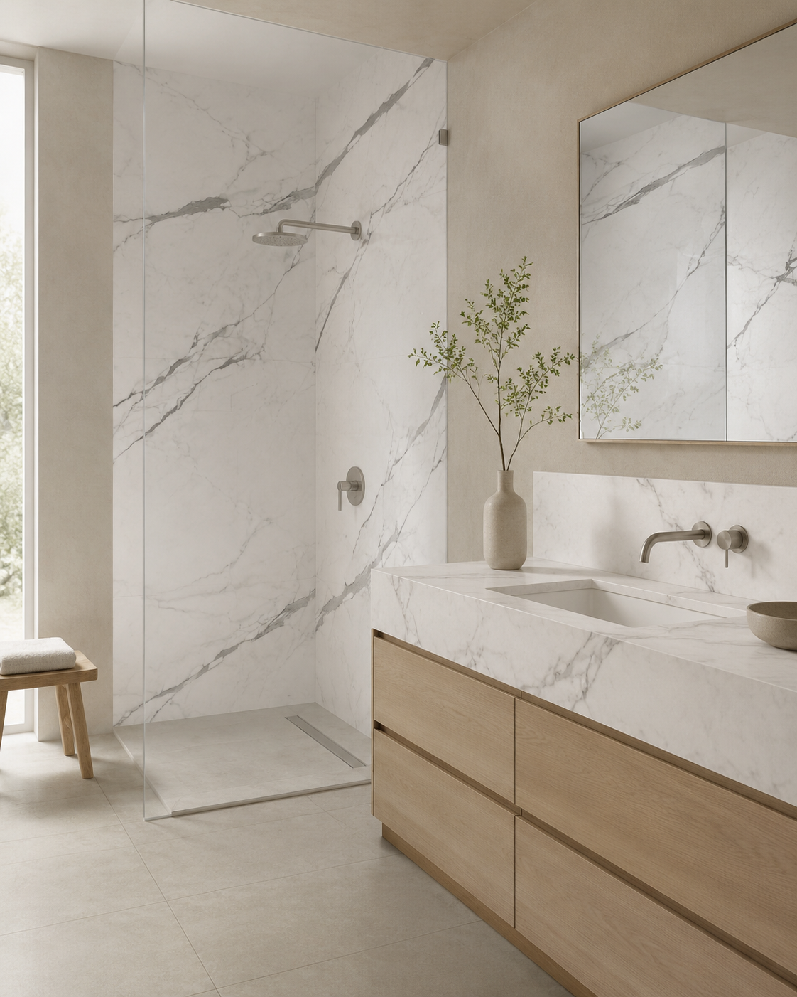Modern bathroom with Statuario Norwell Silk porcelain shower walls, vanity top and backsplash