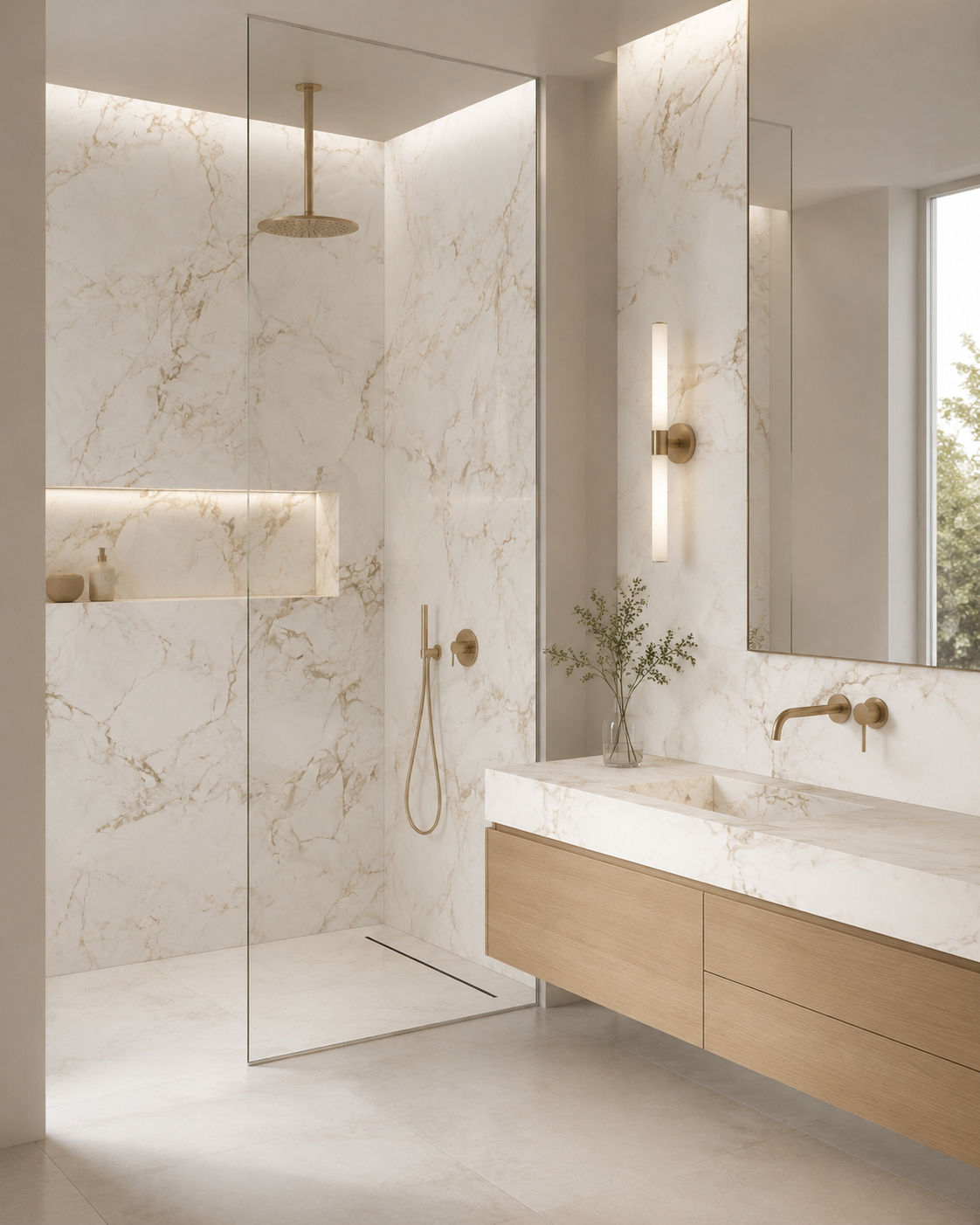 Modern bathroom with Calacatta Macchia Vecchia porcelain shower walls, vanity top and backsplash