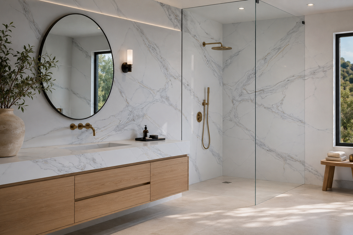 Luxury bathroom featuring Calacatta Sorello Quartz vanity countertop and shower walls with flowing gray and gold veining