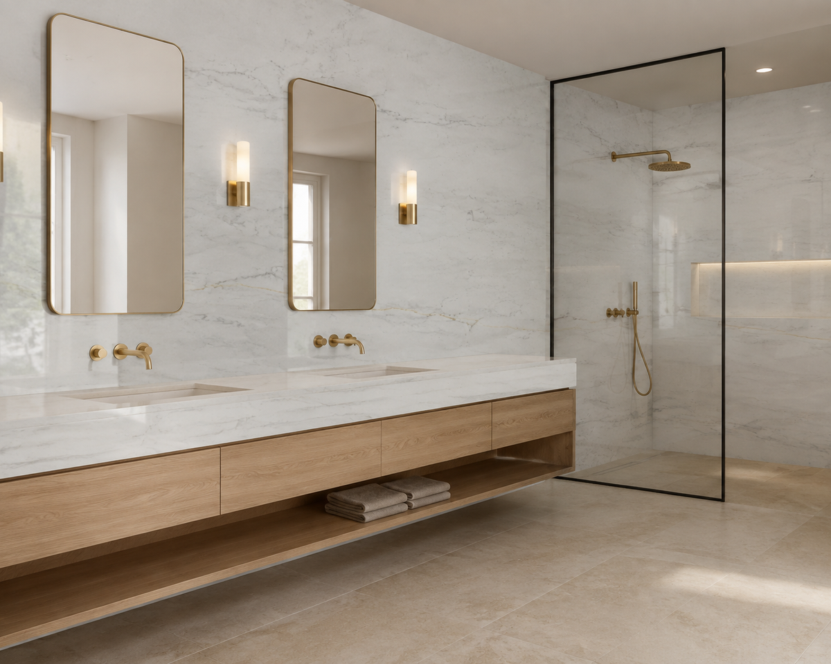 Luxury bathroom featuring Bianco Horizon Quartz vanity countertops and shower walls with soft gray veining