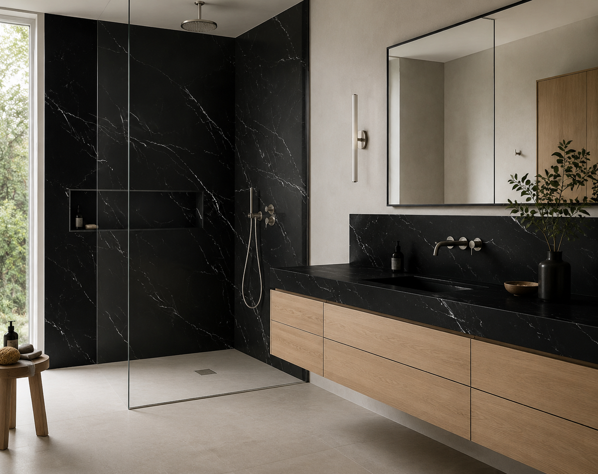 Modern bathroom with Nero Marquina Silk porcelain shower walls, vanity top and backsplash