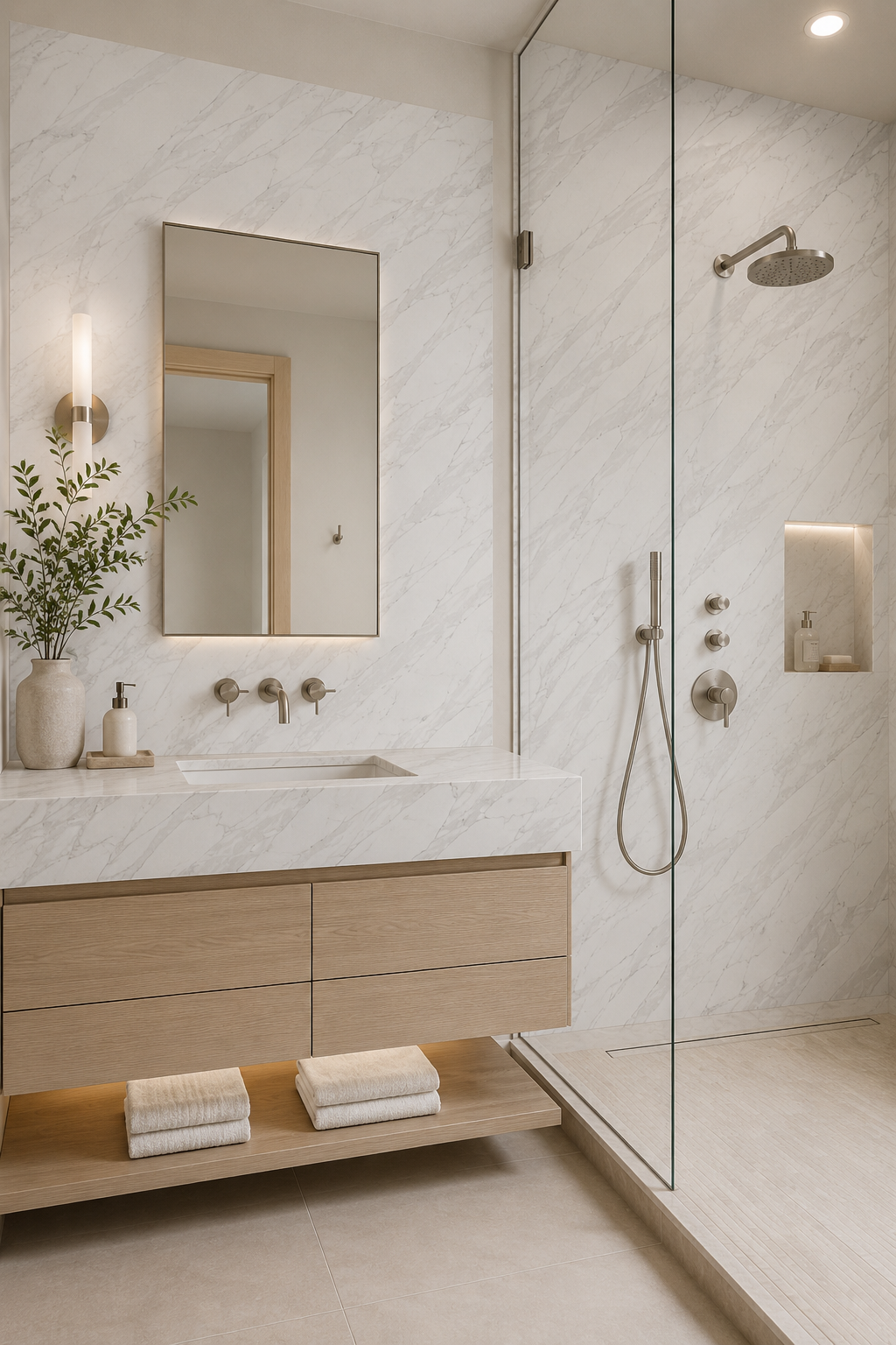 Contemporary bathroom with Golden Storm Quartz vanity, backsplash and shower wall panels