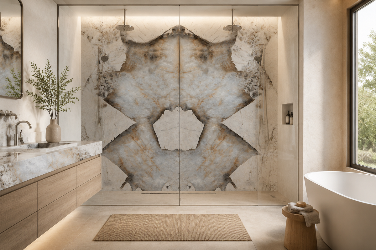 Modern bathroom with Patagonia Polished porcelain bookmatched shower wall and vanity top