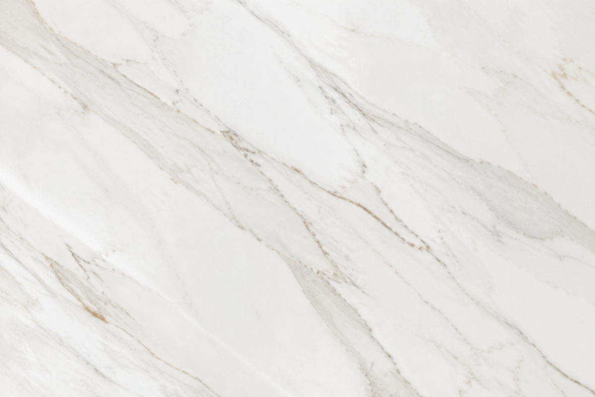 Close-up of Calacatta Borghini porcelain Face B with elongated gray-greige movement