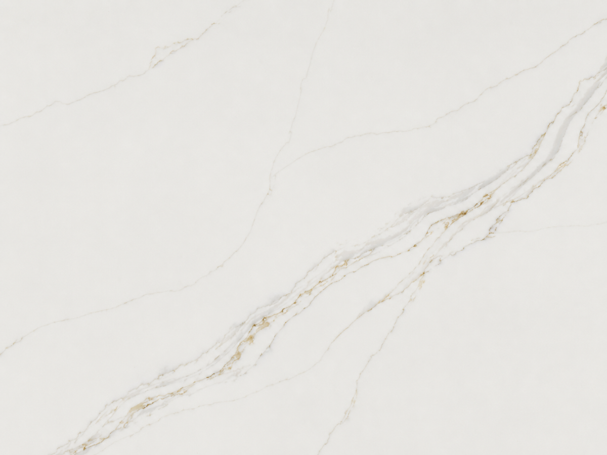 Detailed Calacatta Alba Quartz pattern with flowing warm gold veins and subtle gray accents