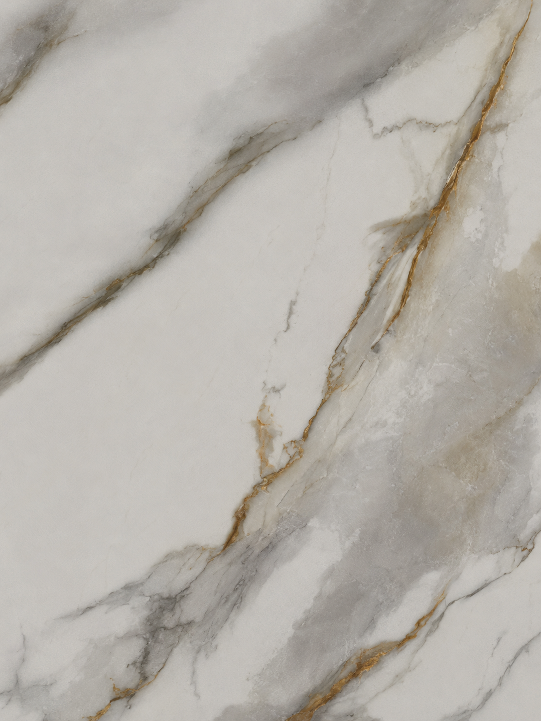 Close-up of white marble surface showing soft grey shadowing and bold gold veins running diagonally across the stone