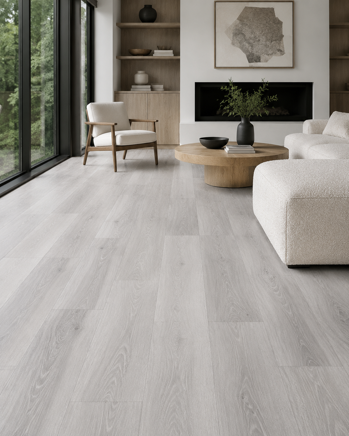 Coastal Gray SPC flooring in a refined neutral modern living room