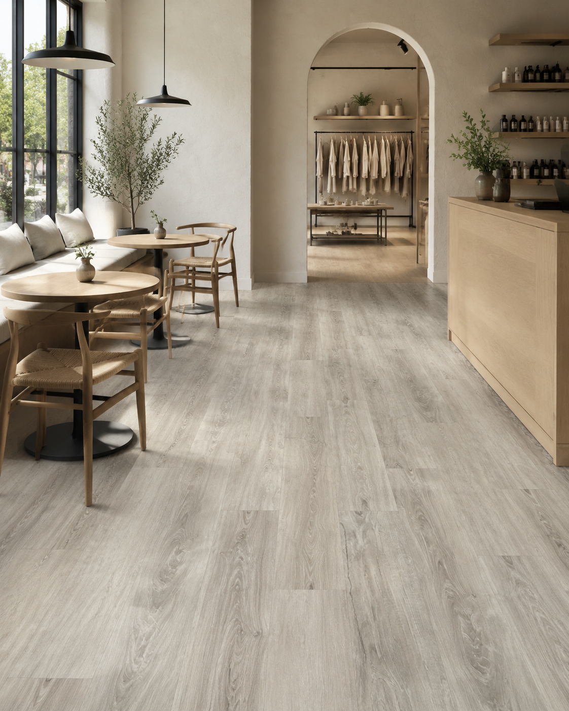 Coastal Breeze SPC flooring in a light boutique retail or café interior