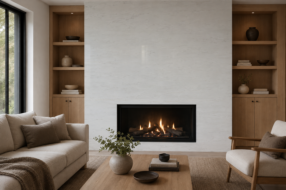 Modern living room fireplace surround featuring Bianco Horizon Quartz with subtle gray veining