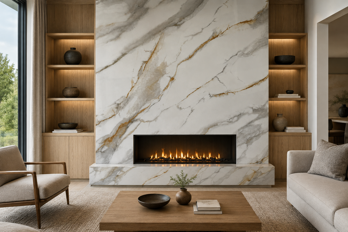 Floor-to-ceiling white and gold marble slab fireplace surround flanked by built-in wood shelving, with a modern linear gas fireplace and living room seating in the foreground.
