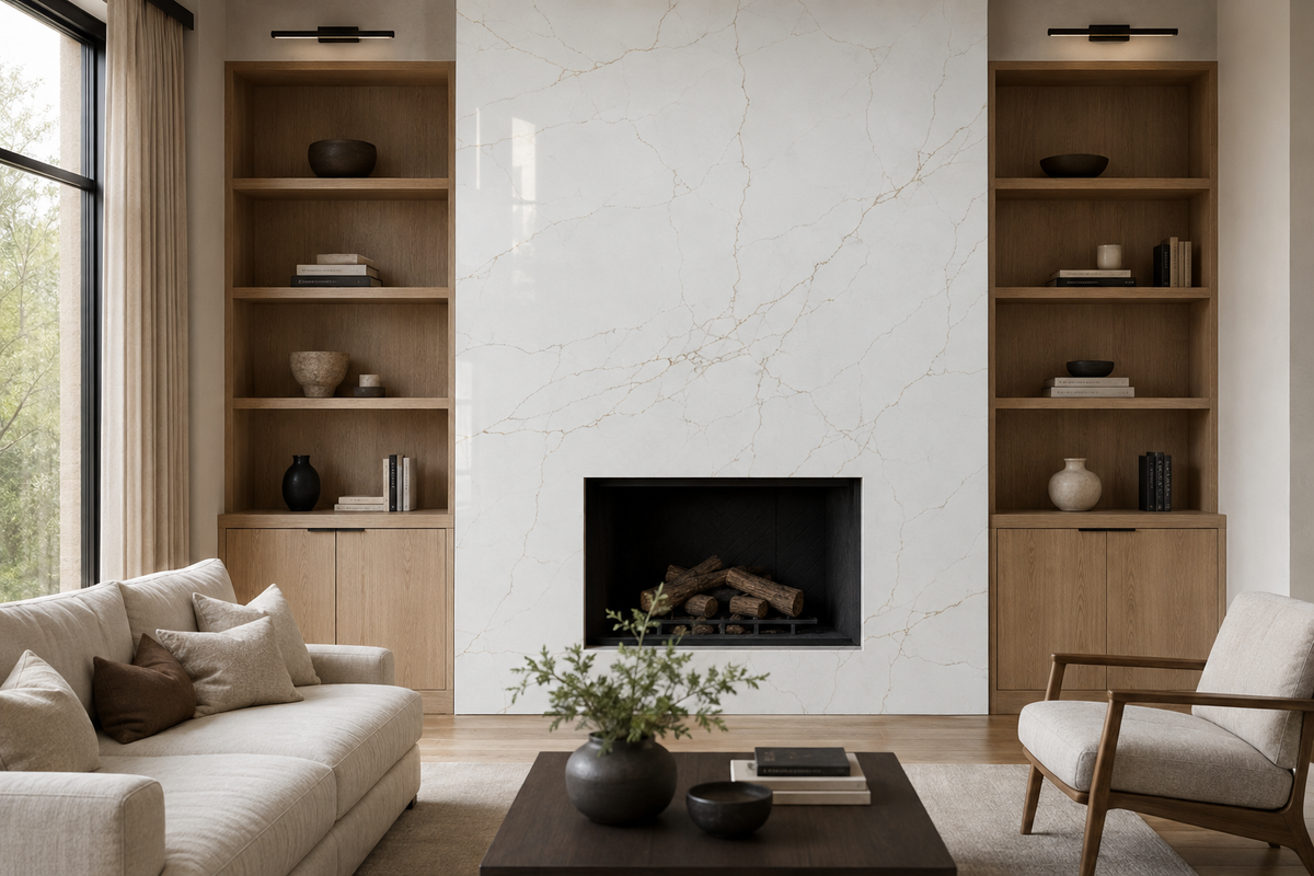 Modern living room fireplace surrounded by white stone with subtle gold veining