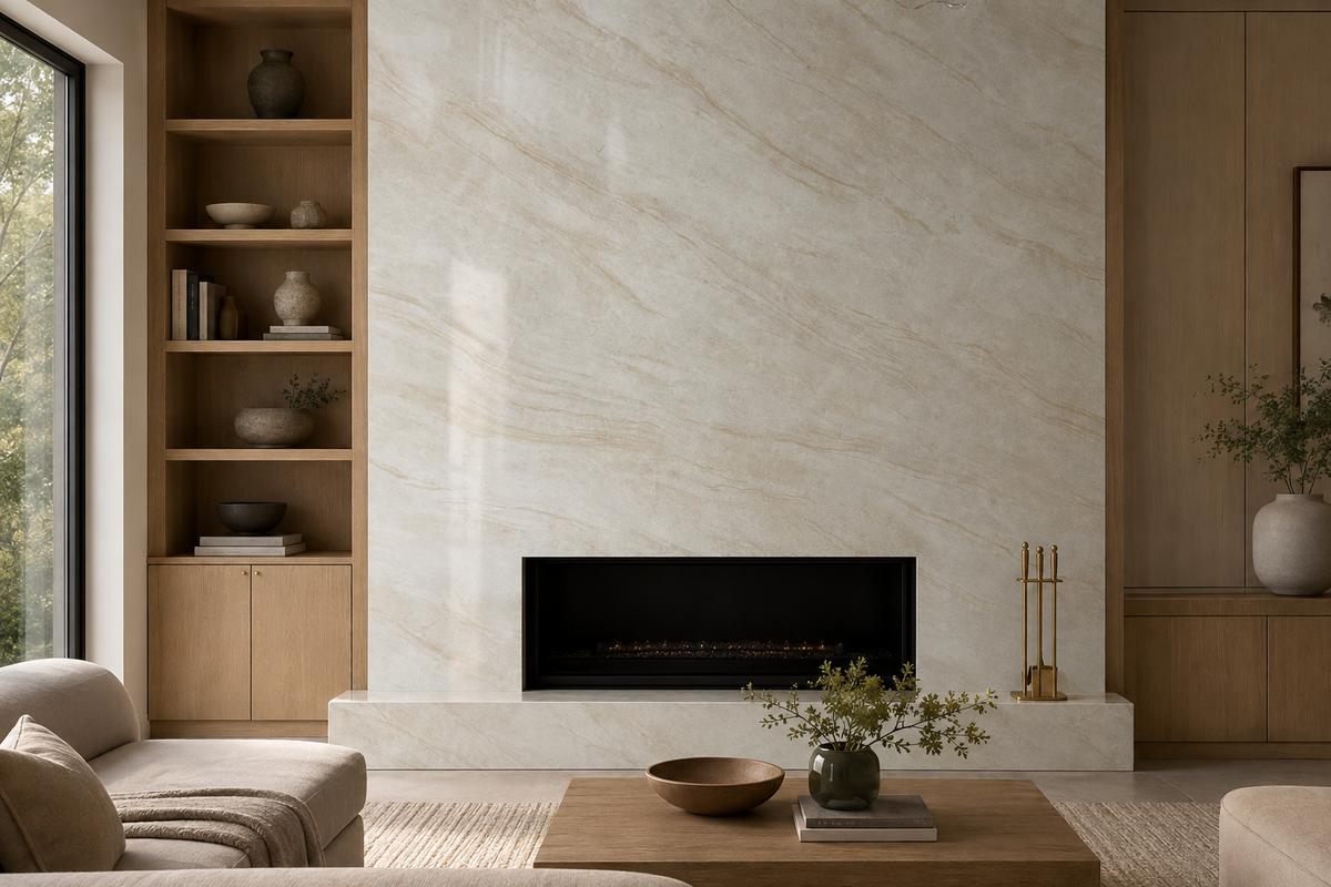 Modern living room fireplace surround featuring Printed Taj Mahal Quartz with warm beige flowing veining
