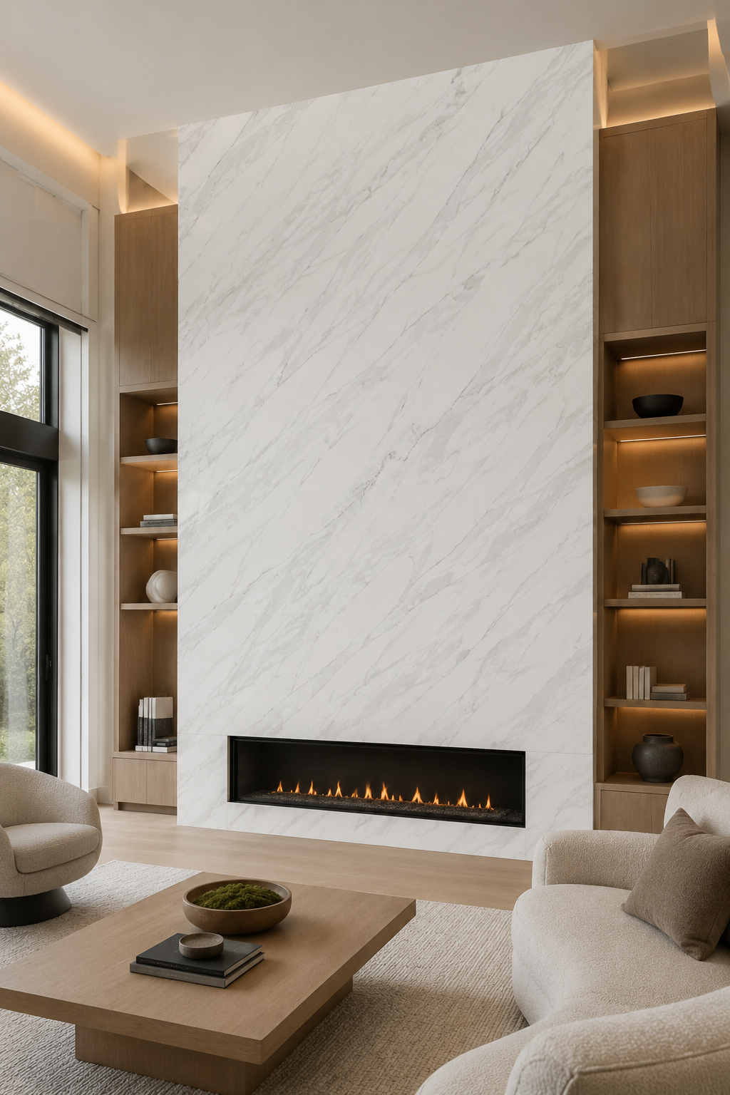 Modern fireplace feature wall clad in polished Golden Storm Quartz