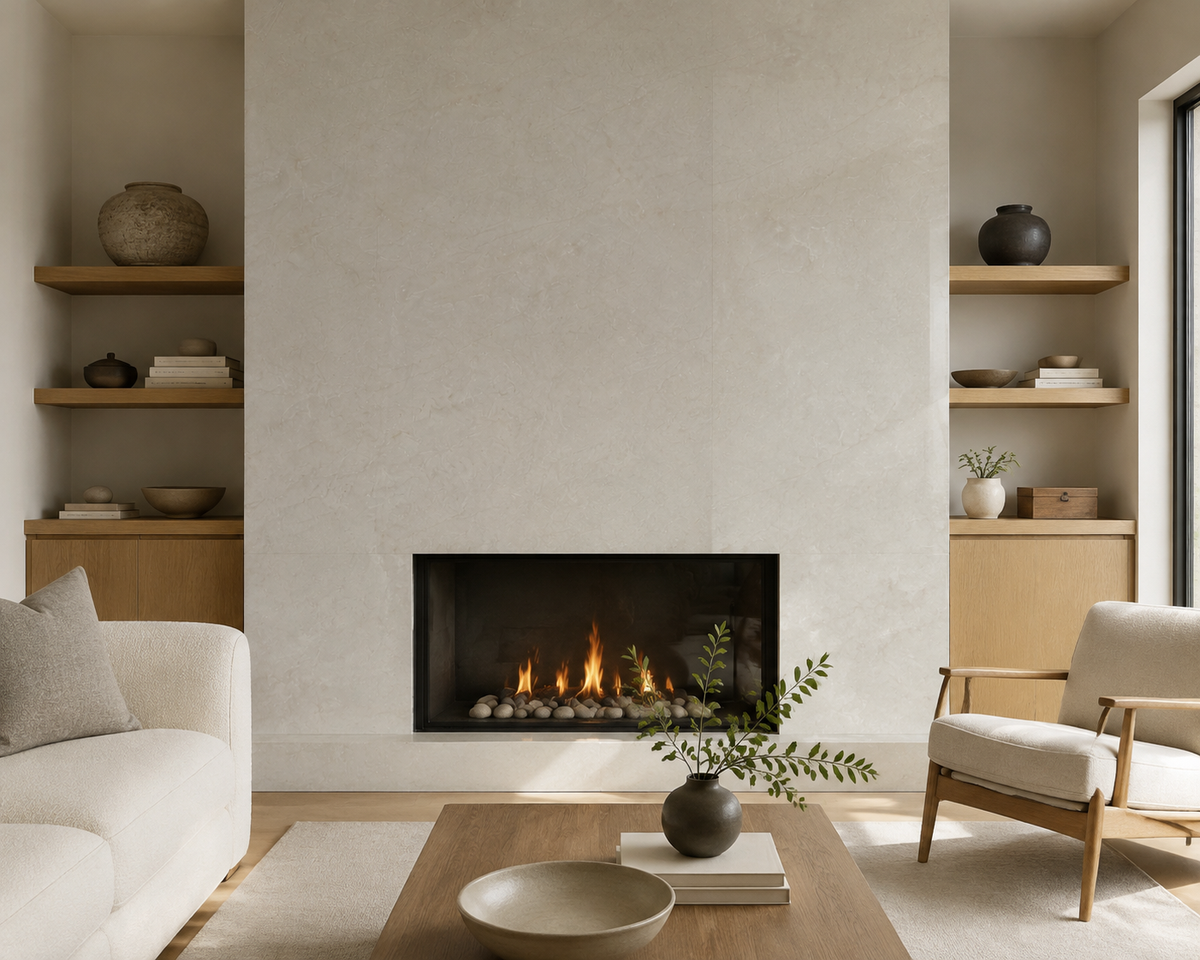 Refined living room fireplace surround clad in softly textured Taj Mahal Gold Quartz