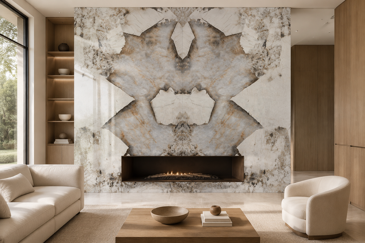 Living room fireplace feature wall clad in Patagonia porcelain Faces A and B in a mirrored bookmatch layout
