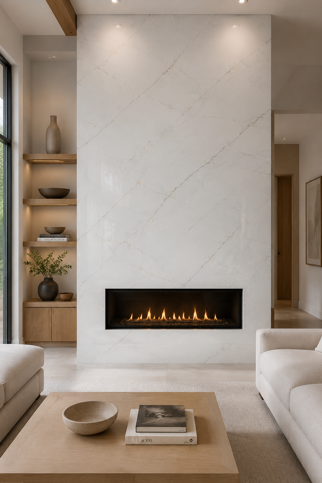 Modern fireplace feature wall clad in polished Lumina Gold Quartz