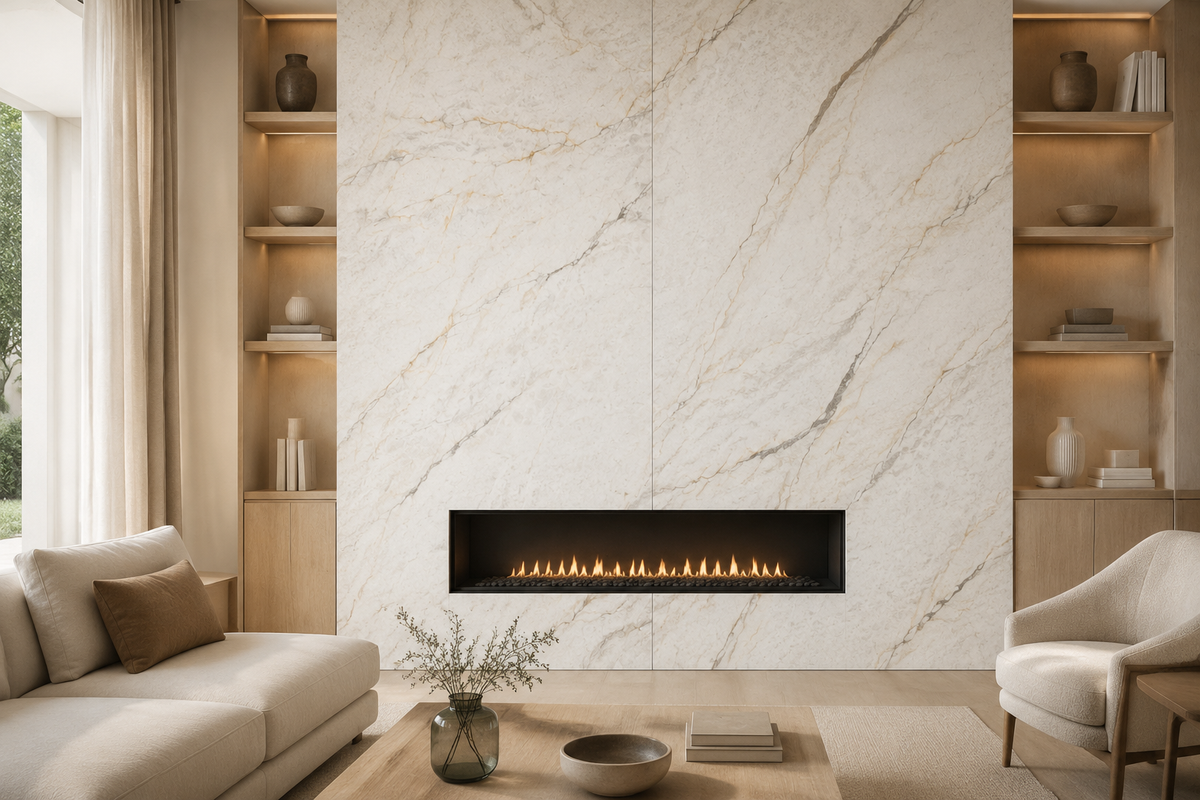 Living room fireplace feature wall clad in coordinating Mont Blanc Crystal porcelain A and B faces