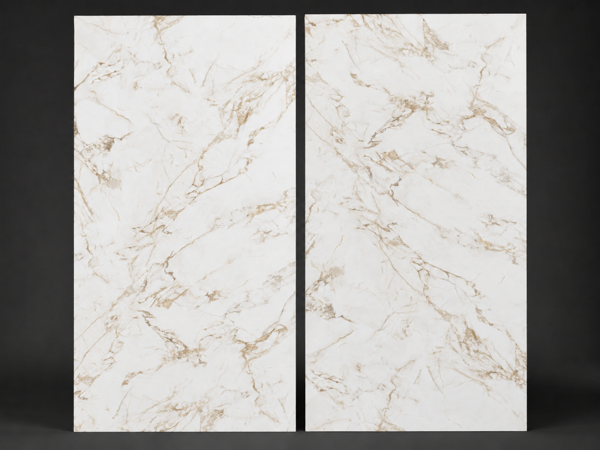 Calacatta Macchia Vecchia porcelain Slab A and Slab B shown side by side on a dark studio background