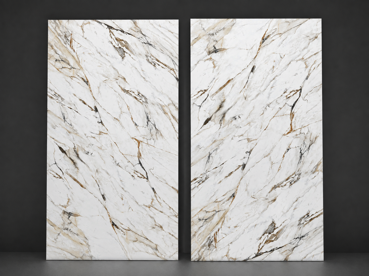 Calacatta Luxe porcelain Face A and Face B shown side by side on a dark studio background