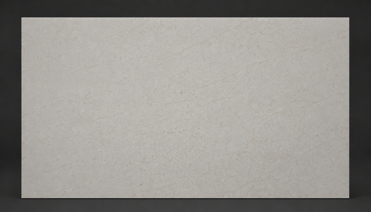 Full 138 x 79 inch Taj Mahal Gold Quartz slab with a soft greige-white field and subtle warm movement