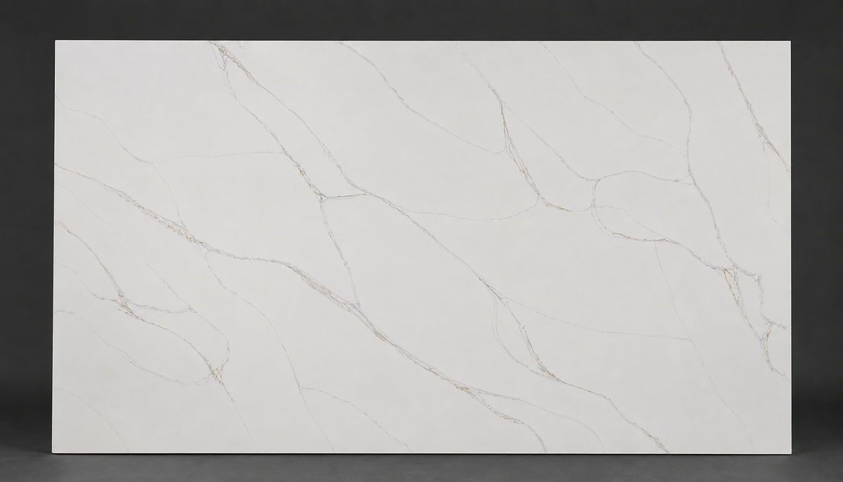 Full Calacatta Vittoria Quartz slab with a bright white background and elegant gray and gold veining