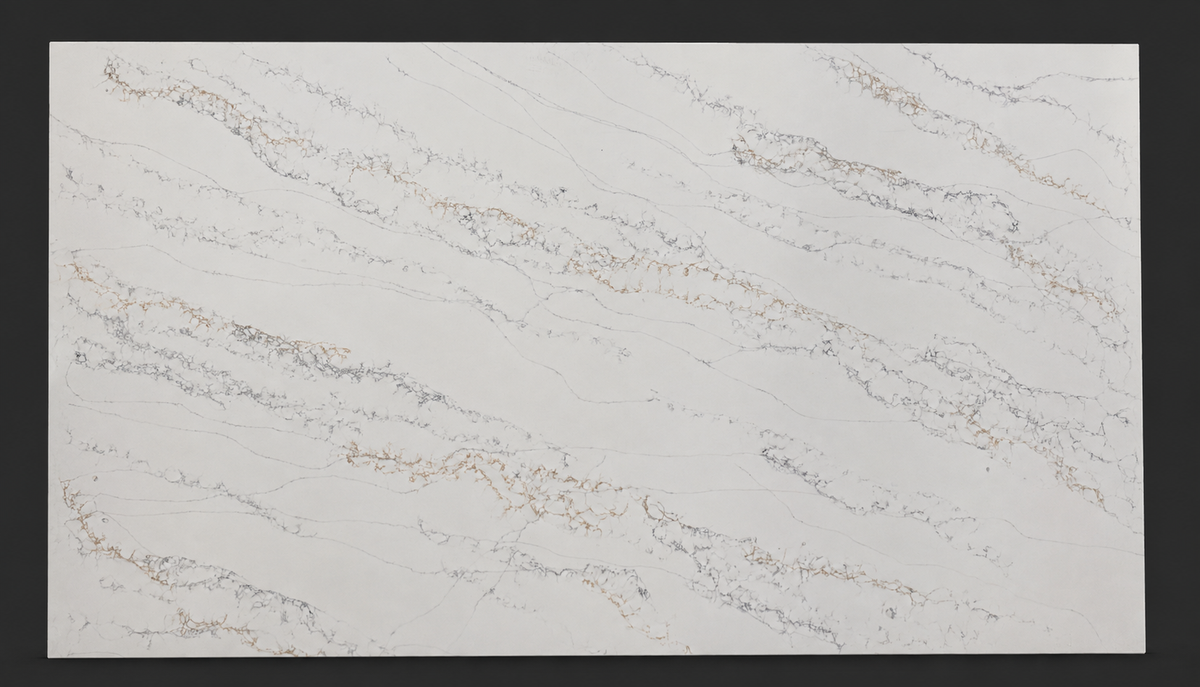 Full slab of Calacatta Bellagio Quartz with elegant gray and gold veining across a bright white background