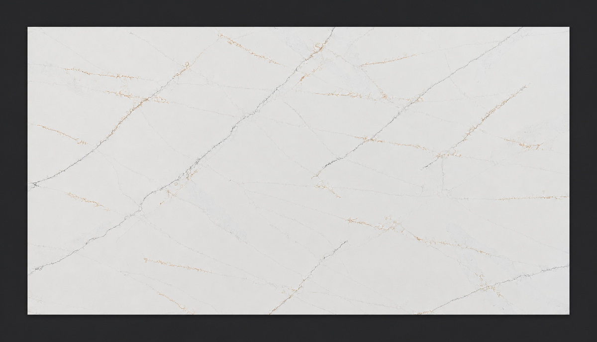 Full 138 x 79 inch Lumina Gold Quartz slab with a soft-white field and fine intersecting gray and champagne-gold veins