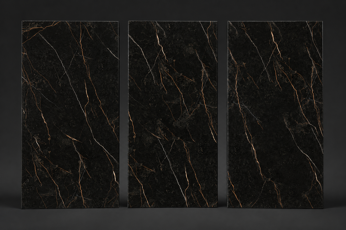 Stratum Portoro porcelain coordinating faces F1, F2 and F3 shown as full slabs in a dark studio setting