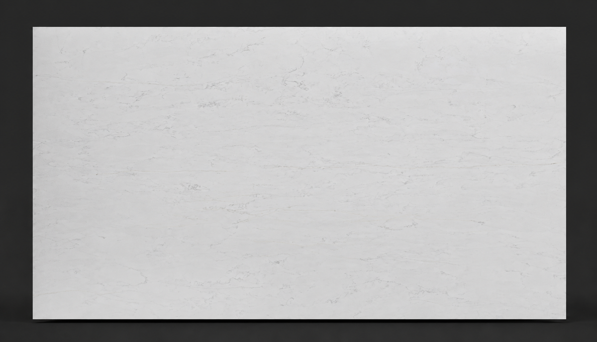 Full Bianco Horizon Quartz slab with a clean white background and delicate gray veining