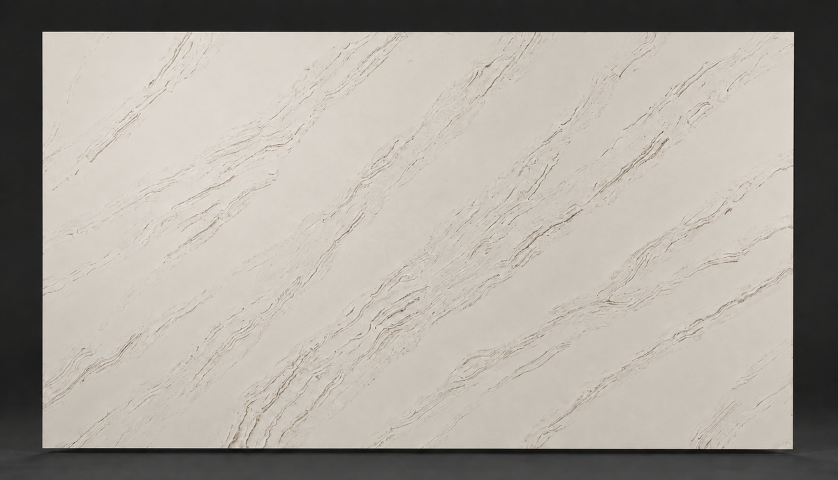 Full 138 x 79 inch Casablanca Quartz slab with a warm ivory field, fine diagonal greige-taupe strands and subtle sparkle
