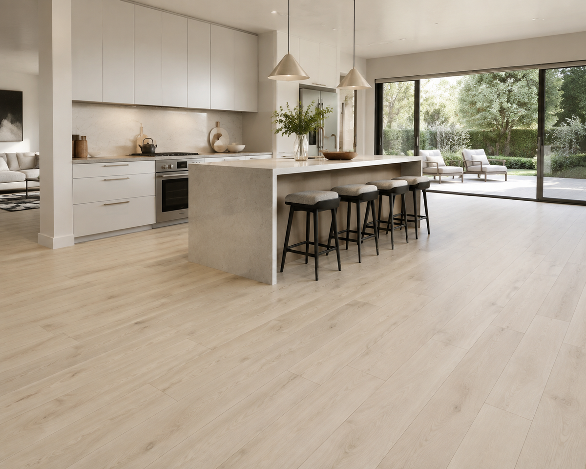 Golden Maple SPC flooring in a bright modern kitchen with warm white cabinetry