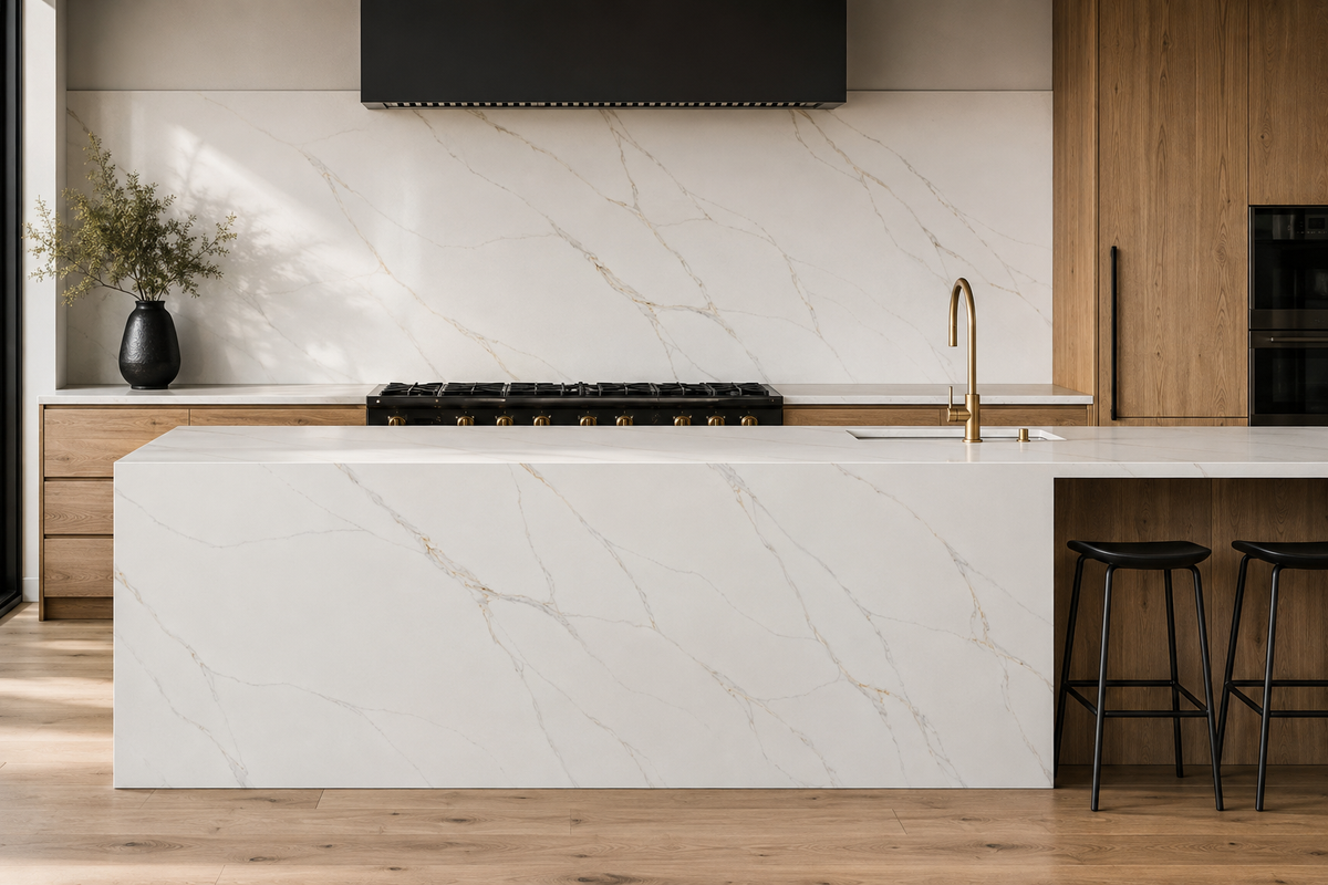 Modern kitchen with Calacatta Vittoria Quartz waterfall island and backsplash featuring soft gray and gold veins