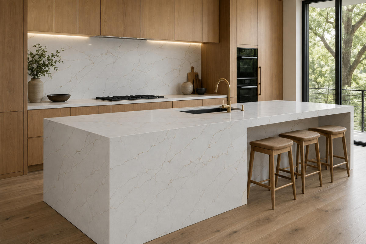 Luxury modern kitchen with white stone waterfall island and backsplash featuring gold veining