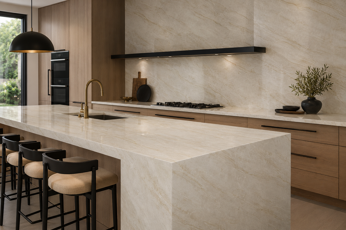 Modern kitchen with Printed Taj Mahal Quartz waterfall island, countertops, and backsplash in warm beige tones