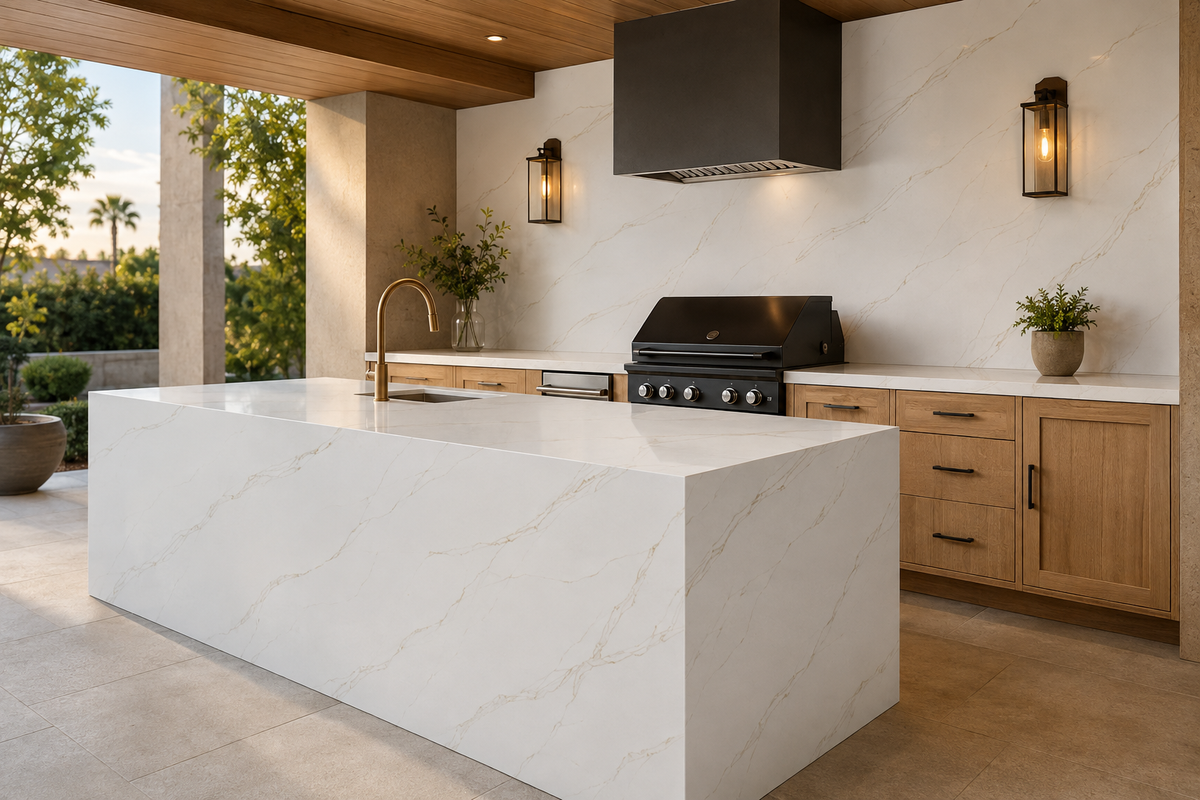 Luxury outdoor kitchen with Calacatta Alba Quartz waterfall island, countertops, and backsplash