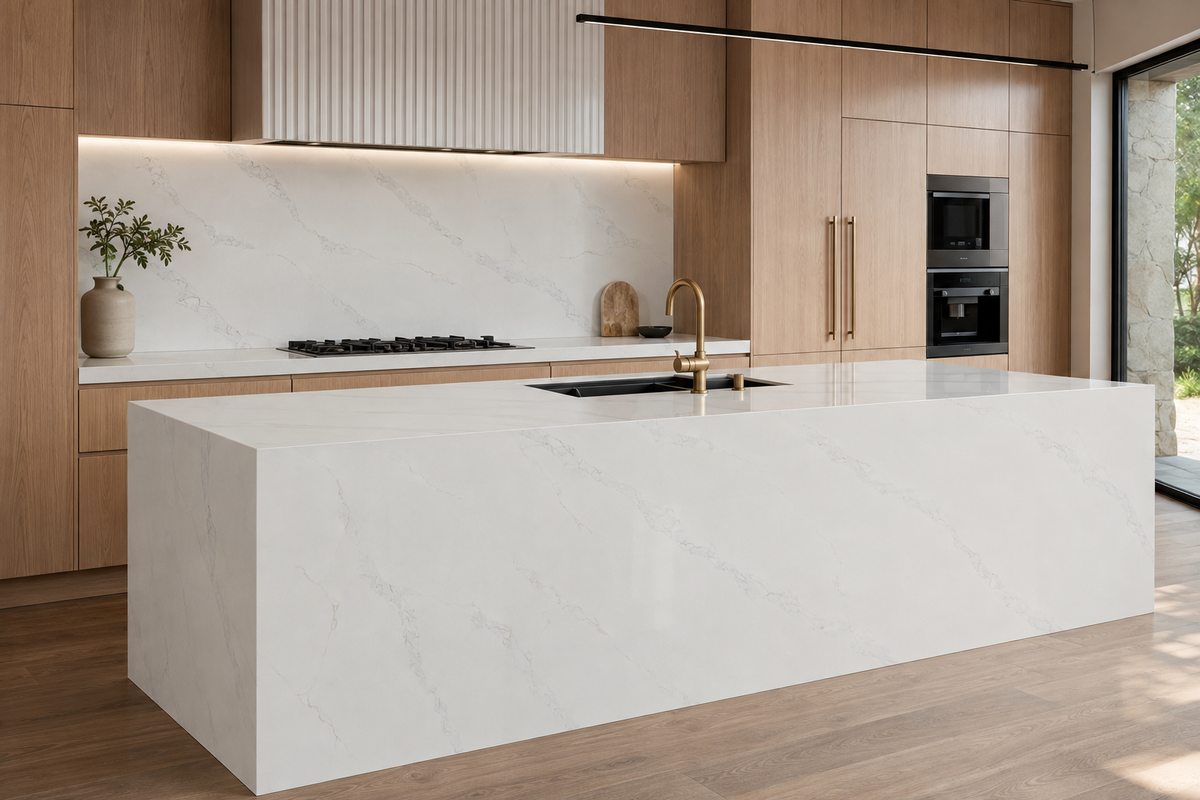 Modern kitchen featuring white quartz waterfall island and backsplash with delicate gray veining