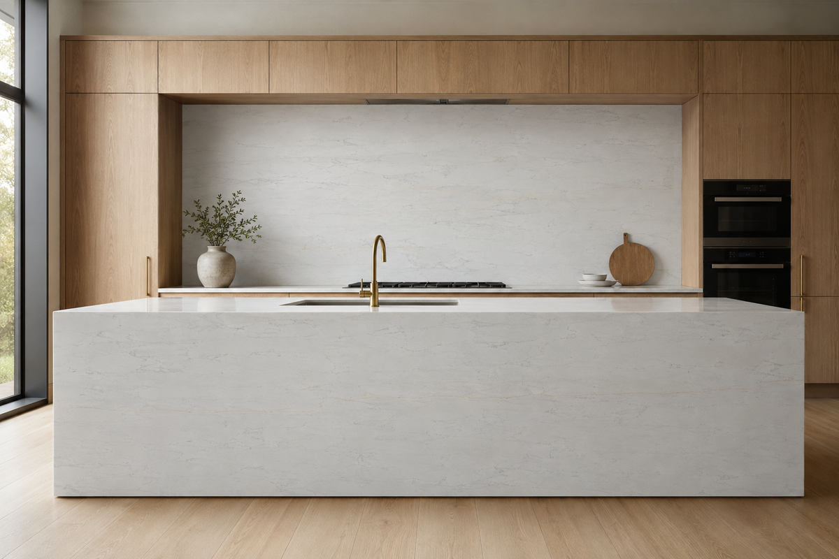 Modern kitchen with Bianco Horizon Quartz waterfall island, countertop, and full-height backsplash