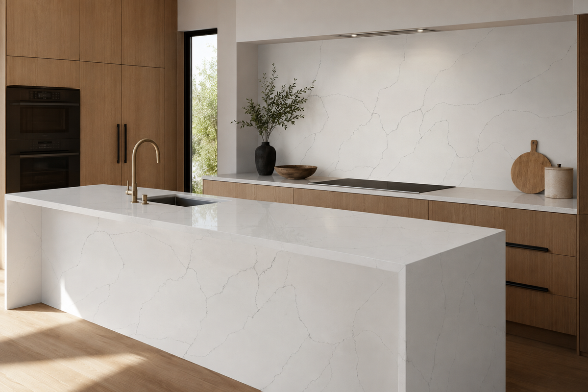 Modern kitchen with Calacatta Everest Quartz waterfall island, countertops, and full-height backsplash