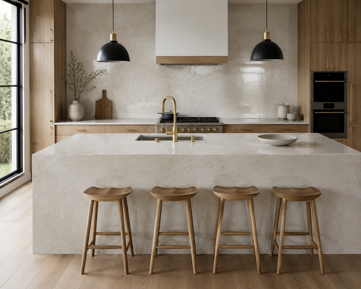 Warm modern kitchen with Taj Mahal Gold Quartz island, waterfall ends, countertops and full-height backsplash