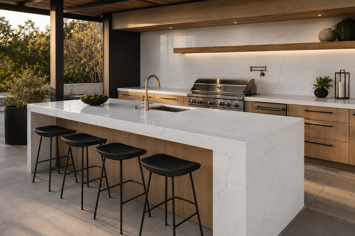 Luxury outdoor kitchen featuring Calacatta Everest Quartz waterfall island, countertops, and backsplash
