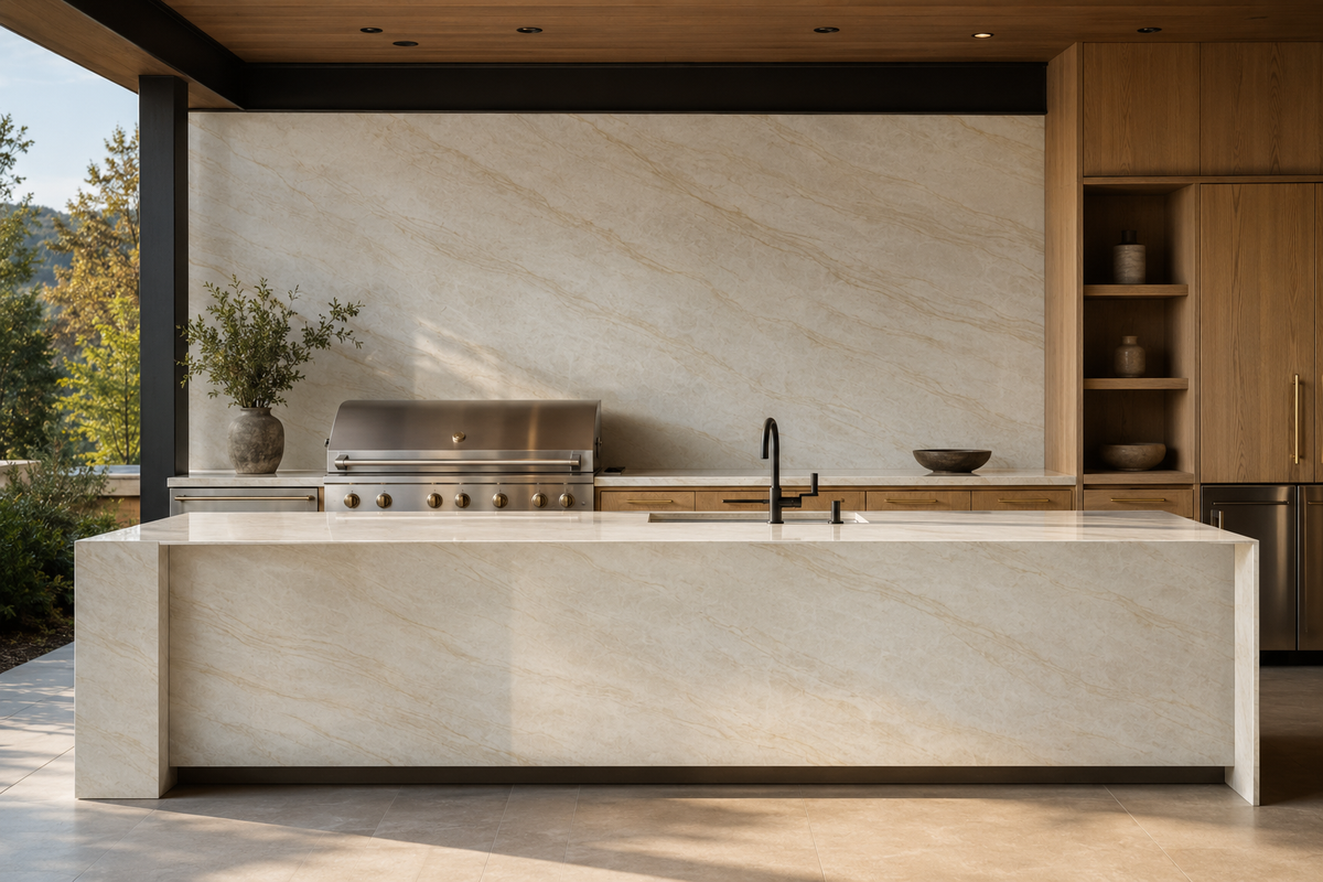 Luxury outdoor kitchen featuring Printed Taj Mahal Quartz waterfall island, countertops, and full-height backsplash