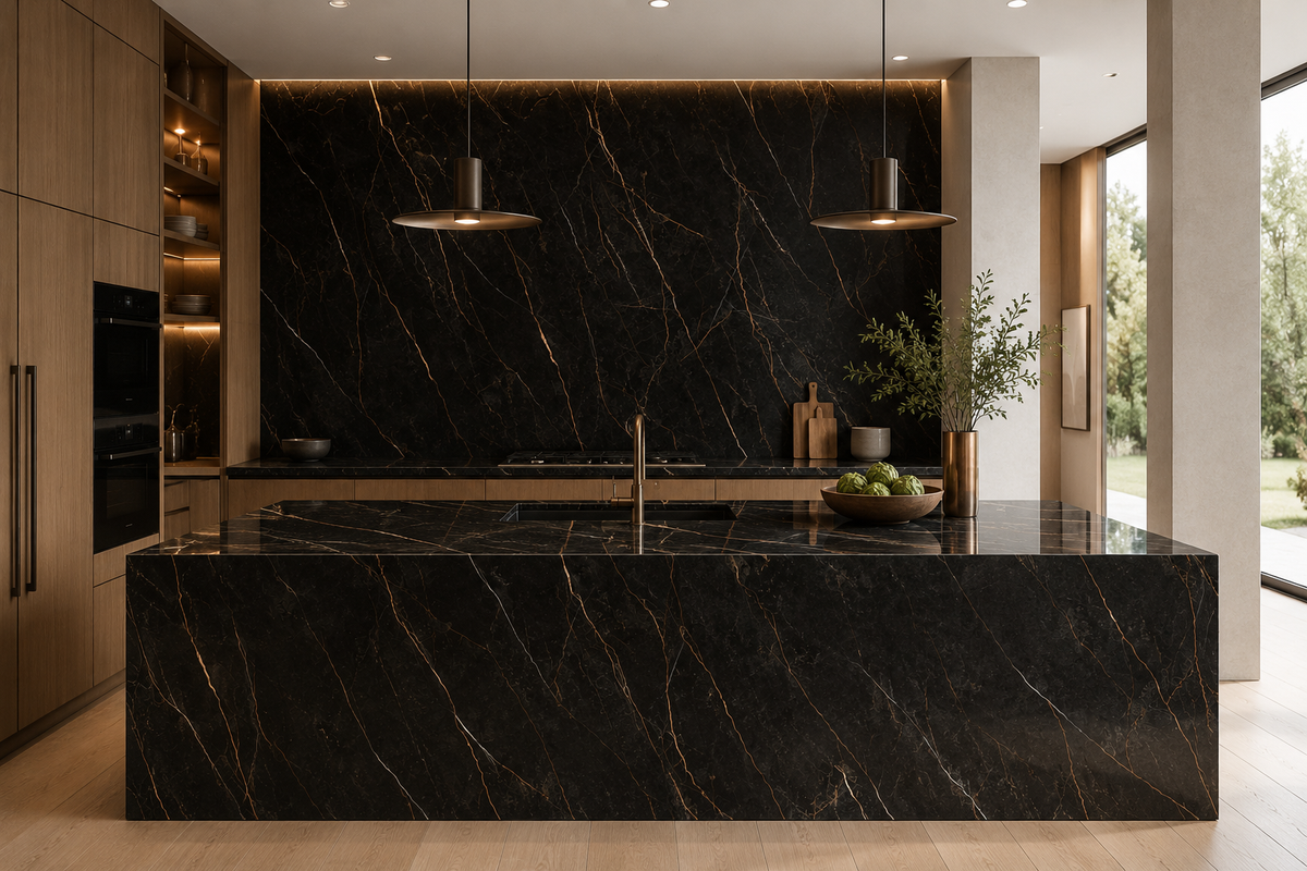 Covered outdoor kitchen with Stratum Portoro Silk porcelain worktops and protected backsplash