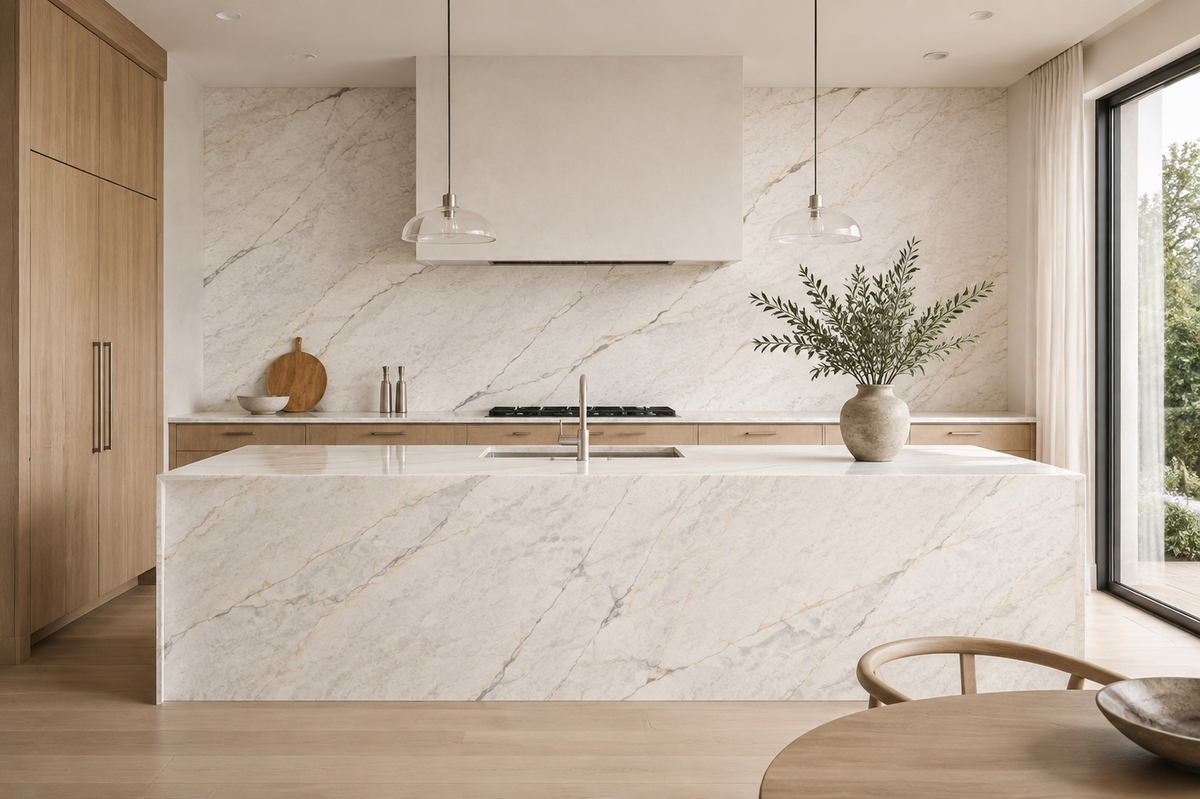 Contemporary kitchen with Mont Blanc Crystal porcelain island, countertops and full-height backsplash