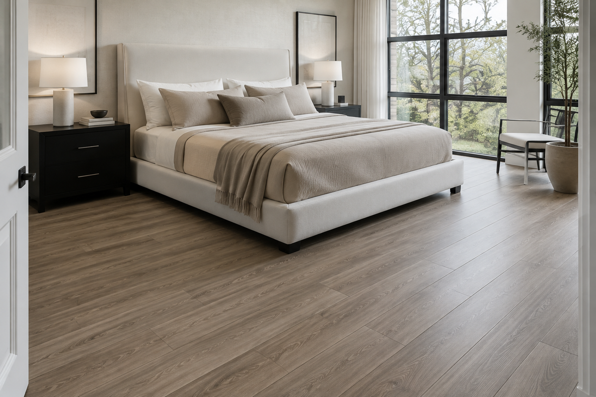 Monaco Oak SPC flooring in a calm neutral modern bedroom