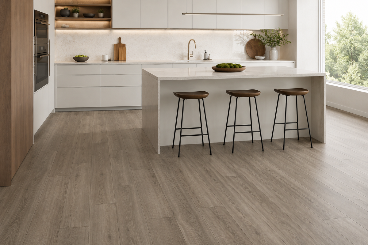 Monaco Oak SPC flooring in a modern white kitchen with a stone island