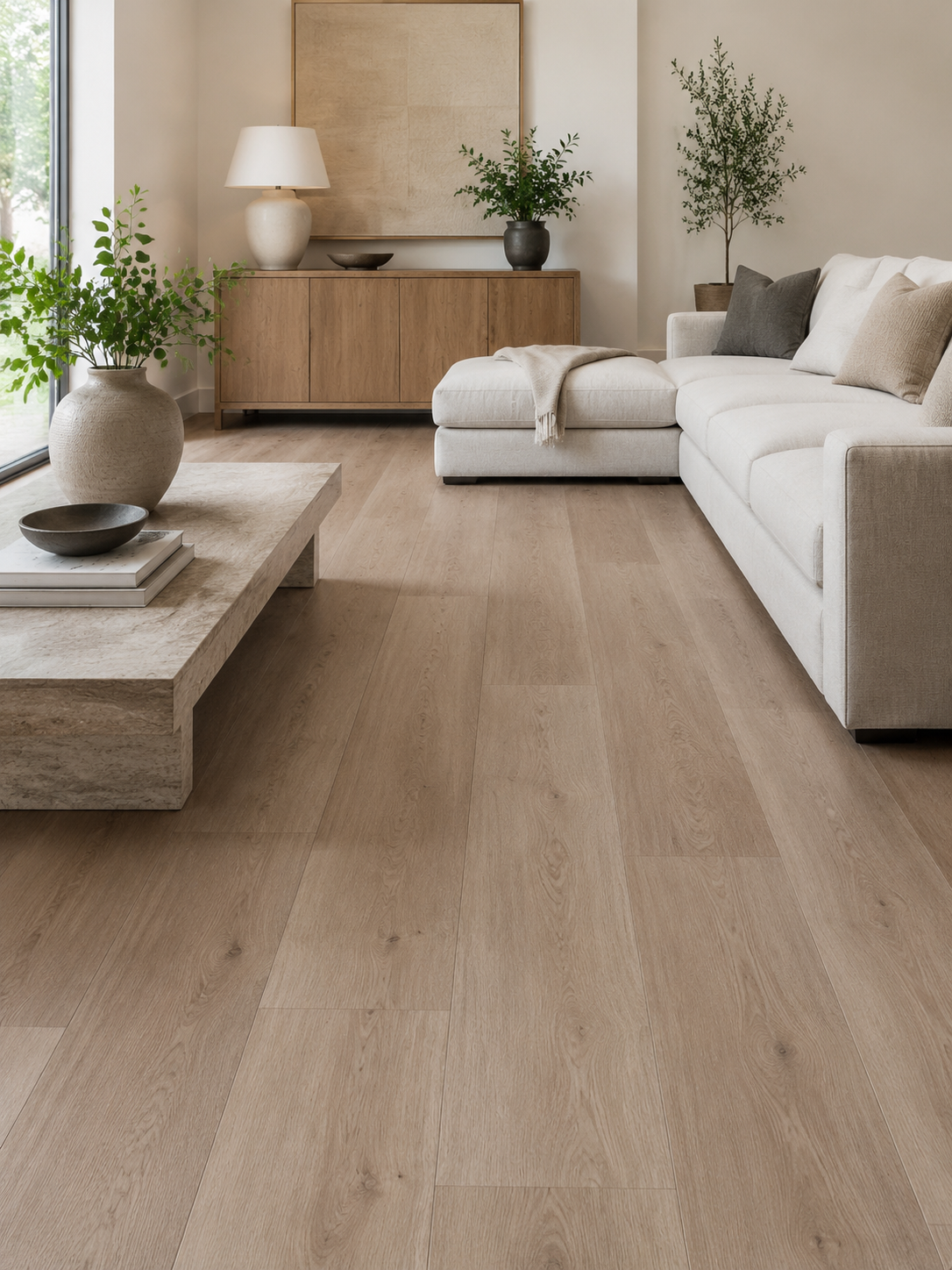Natural Haven light oak SPC flooring in a calm contemporary living room