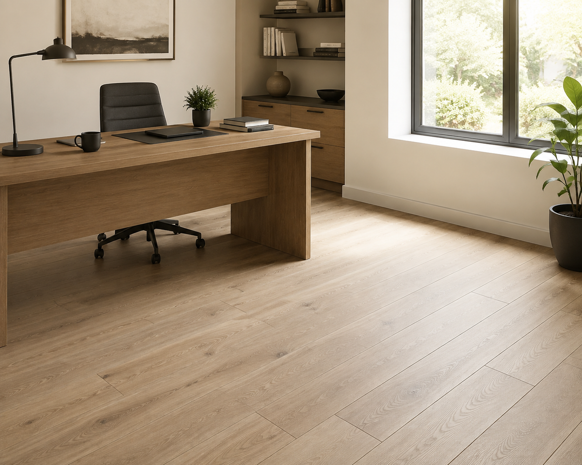 Natural Haven wide-plank SPC flooring in a refined private office