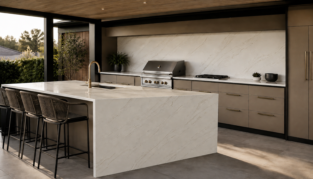 Covered outdoor kitchen with Casablanca Quartz waterfall island, countertops and backsplash